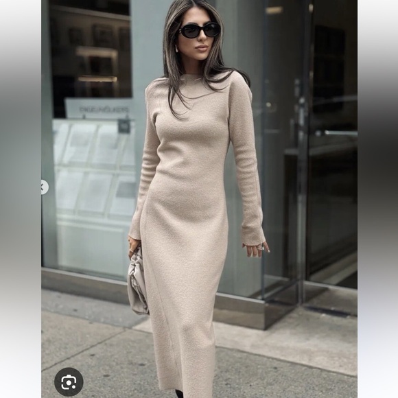 Zara NWT ZW Collection ivory boucle 100% wool midi dress long sleeve 8728/759 - Picture 2 of 5